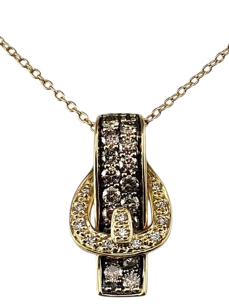 Le Vian 14k Yellow Gold Chocolate White Diamond Buckle Pendant Necklace #24397